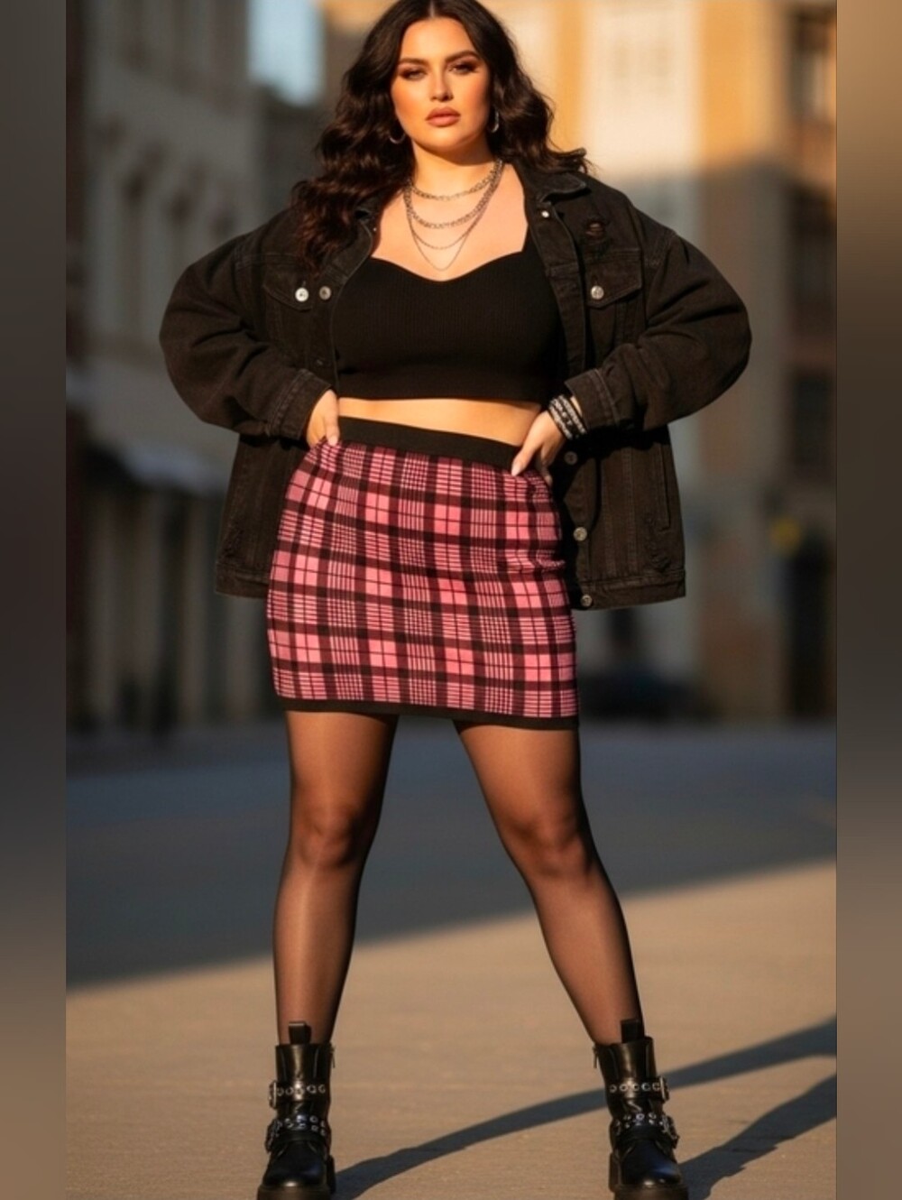 💕Curvy Girl Brand Pink and Black Plaid Knit Mini Skirt🖤🩷🖤🩷